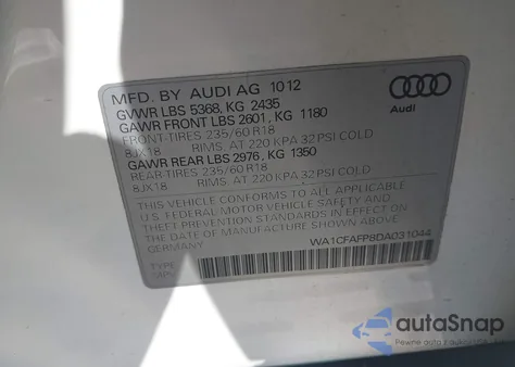 2013 Audi Q5 2.0T Premium z USA, uszkodzony, nr VIN WA1CFAFP8DA031044